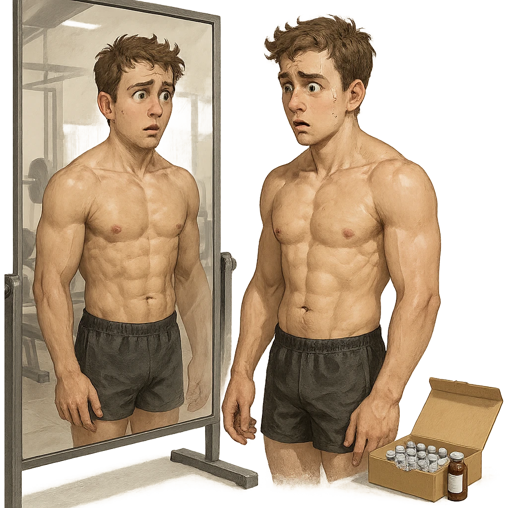 young inexperienced bodybuilder in gym in front of mirror, surprised and doubtful expression, open box of anabolic steroids in background, atmosphere of curiosity and uncertainty, realistic details, isolated on white background emoji