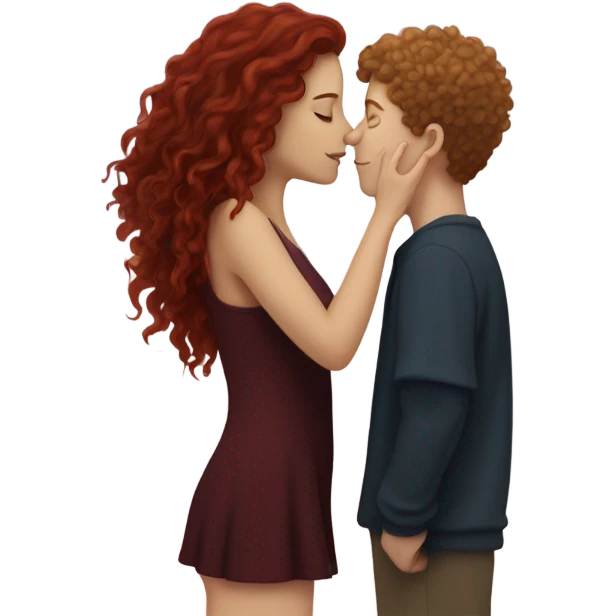 White girl with long burgundy hair kissing a white boy with curly short hair under a sky of star emoji