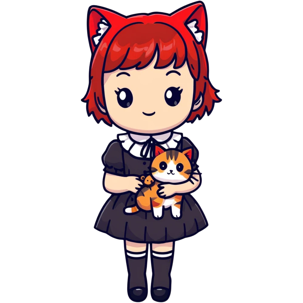 Girl with black and red-tipped hair in black Lolita dress with tabby cat emoji