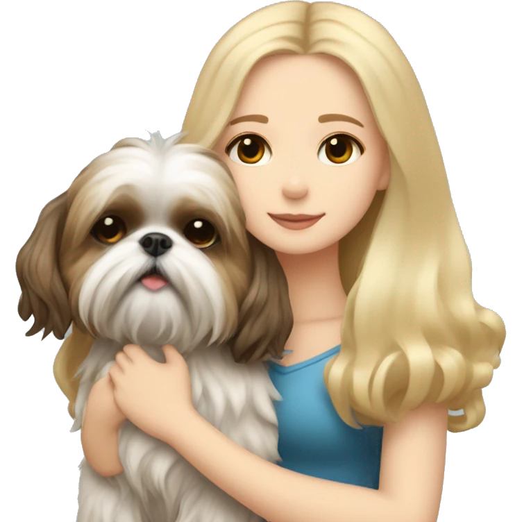 human girl with long wavy blonde hair hugging a brunette colored shih tzu girl with bow emoji