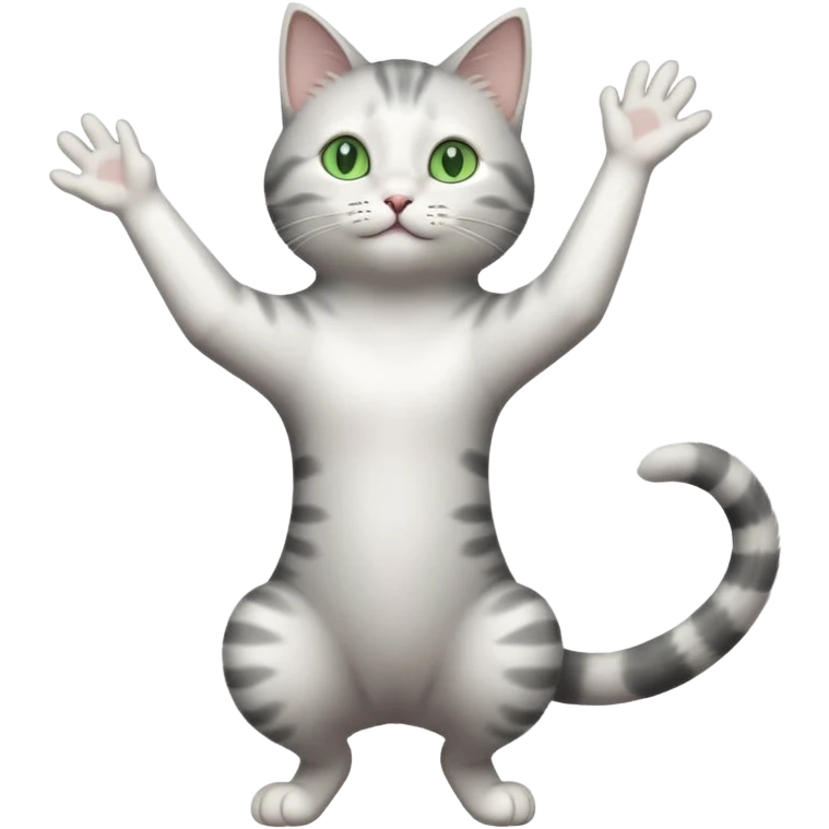 grey and white cat with green eyes doing a big long stretch reaching up into the air with arms and legs side by side together emoji