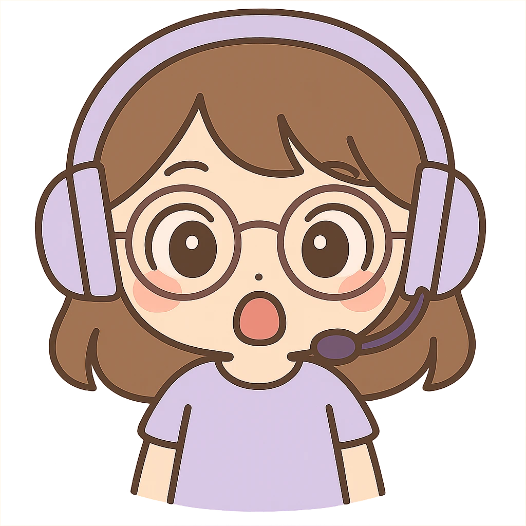 Edit the image to depict a female brunette with glasses and a purple gaming headset in chibi style, with a surprised facial expression. Keep the background transparent. emoji