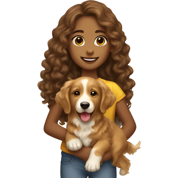 Tan skinned girl with  long brown curly hair with a golden retriever puppy emoji