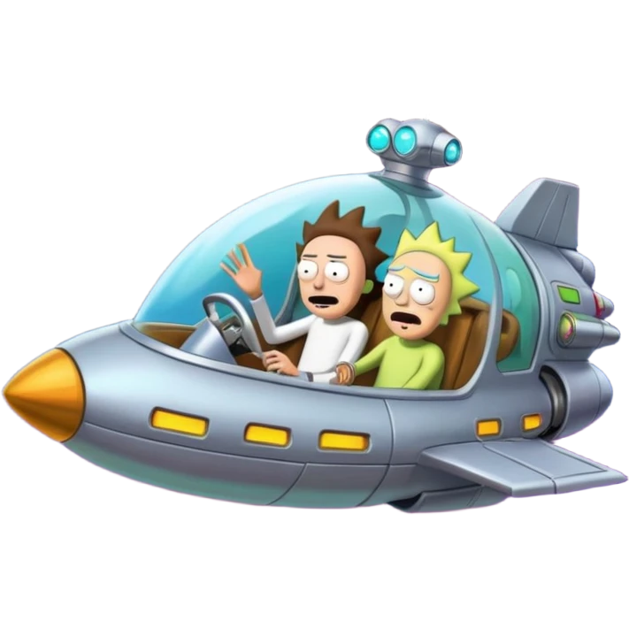 Hot rod Rick and Morty flying in a spaceship to the citadel of Ricks  emoji