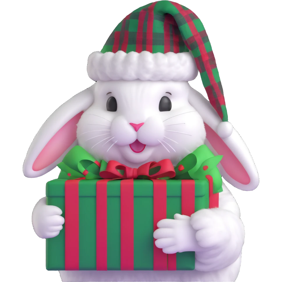 fluffy white angora rabbit wearing red and green plaid Christmas hat held in hands emoji