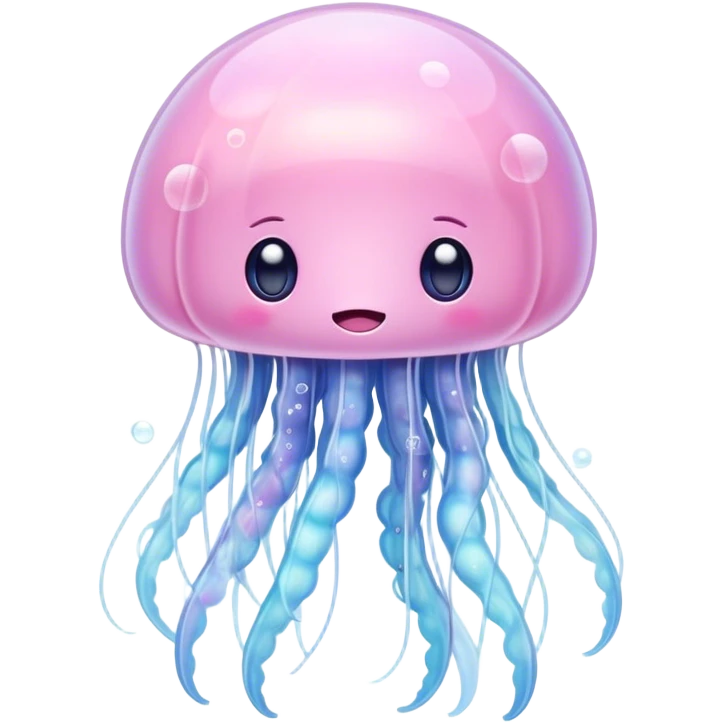 Cinematic floating kawaii jellyfish, tiny round body, soft glowing tentacles, pastel pink and blue hues, delicate sparkling highlights, dreamy and adorable. emoji