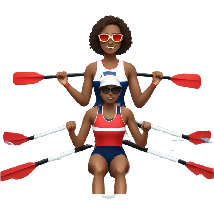 2 female rowers, one Caucasian, one African American, rowing in a 2x with red white and blue jersey, red white and blue oars, and one rower wearing sunglasses  emoji