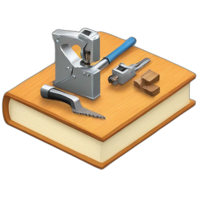 isometric thick BOOK with picture of wood, metal, welder, tools emoji