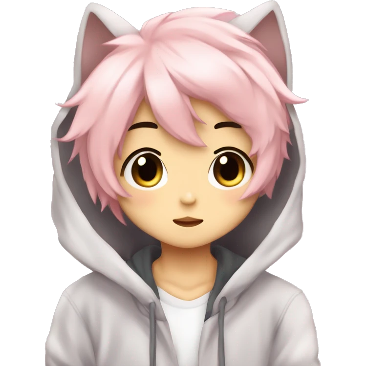 Cute Kawaii Beautiful Gorgeous Sparkly Shiny Blushing Anime Style Romantic Shojo Catboy Man Guy Femboy With Pretty Hair And Hoodie Trendy Style Outside emoji