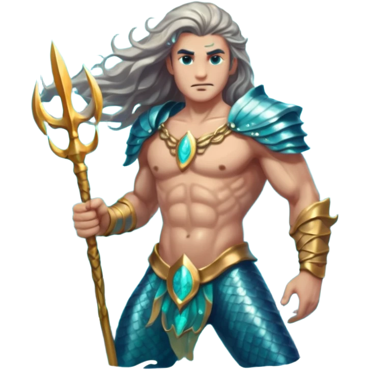 portrait of a muscular merman warrior with dark aqua scales, silver armor pieces on shoulders and arms, holding a glowing trident, stern expression, long flowing hair, underwater battle stance emoji