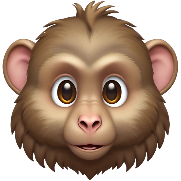 Cinematic Cute Baboon Portrait Emoji, Head tilted playfully and inquisitively, featuring a vibrant Fur of earthy browns with expressive, round, sparkling eyes filled with curiosity, Simplified yet irresistibly adorable features, highly detailed, glowing with a warm, friendly glow, high shine, affectionate and spirited, stylized with a touch of urban whimsy, bright and endearing, soft glowing outline, capturing the essence of a mischievous yet loving baboon, so playful it feels like it could leap out of the screen and into your arms! emoji