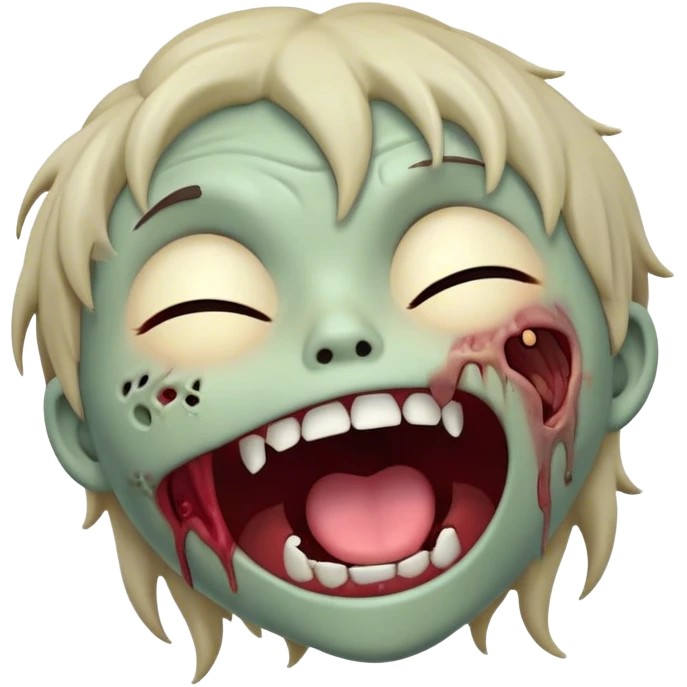 Cinematic Cute Yawning Zombie Portrait Emoji, with a delightfully quirky, slightly disheveled face in muted ashen tones, head tilted back in a big, funny yawn that reveals quirky stitches and playful gaps, simplified yet irresistibly charming, highly detailed with a soft, eerie glowing outline capturing the sleepy, offbeat vibe of a zombie taking a nap! emoji