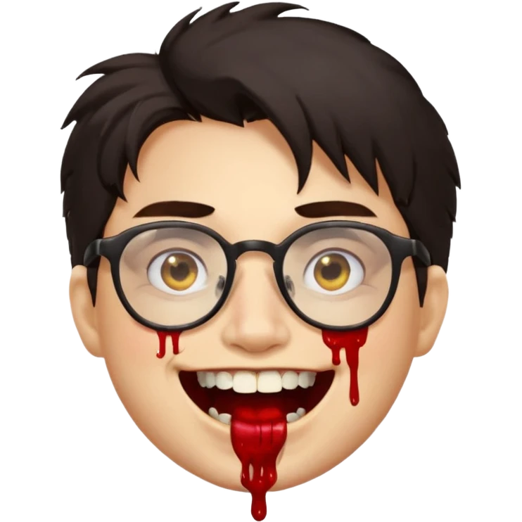 Cabelo bagunçado com oculos sorrindo com metade do rosto com dente de ouro e saindo sangue da boca  emoji