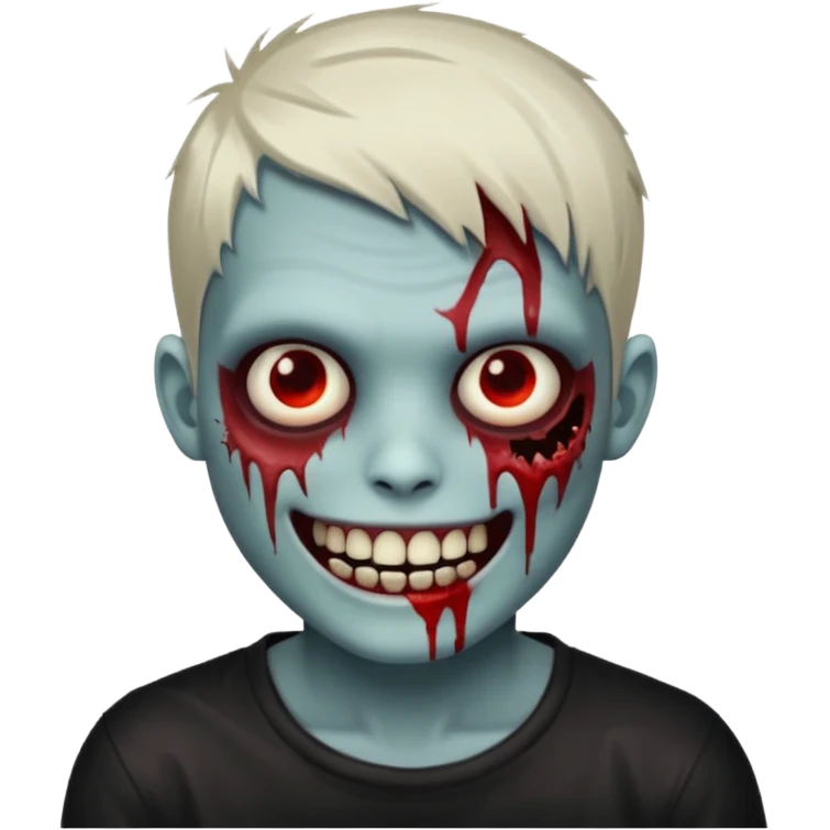 zombie boy with emo short hair, white skin, and white eyes; an open smile, and bloodied teeth; emoji