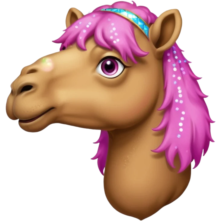 Camel with toes on his hoofs and pink beard that comes out of his chin with sparkle eyes facing forward emoji
