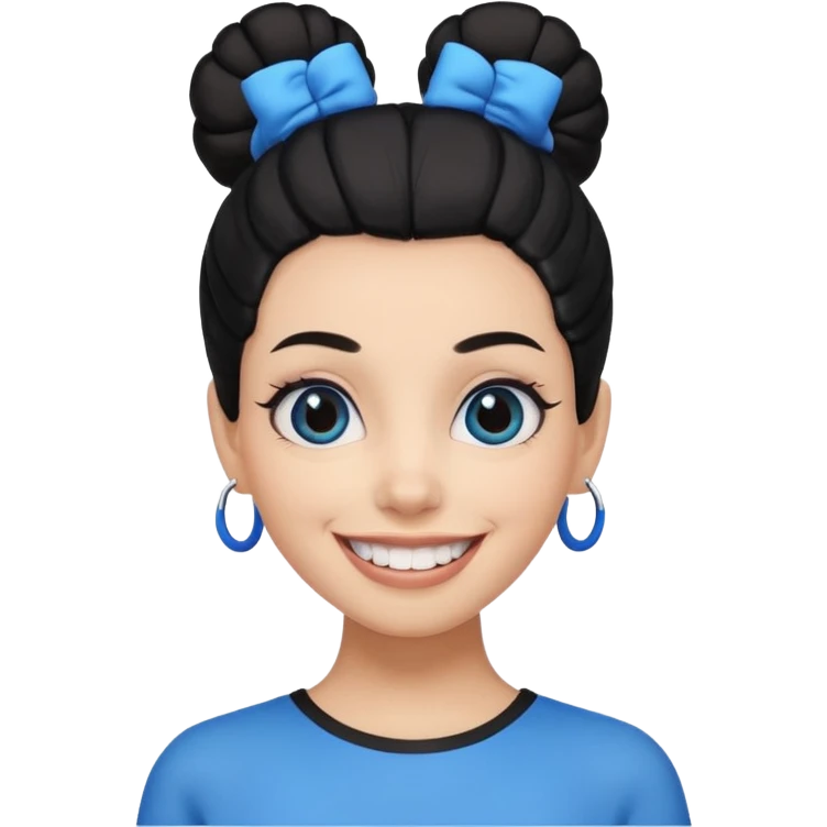 Now tied up her hair in a bun, the on her head is black, but blue bang on front. Bigger eyes and brighter smile, show teeth while smiling emoji