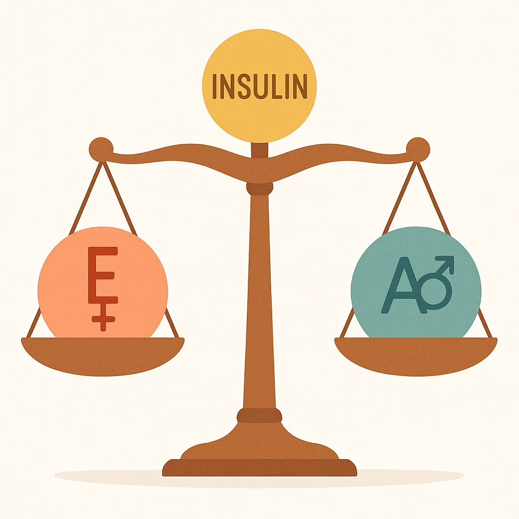 conceptual illustration: balance scale with hormone symbols on each side, visual balance among estrogen, androgens, and insulin, harmonious colors, white background emoji