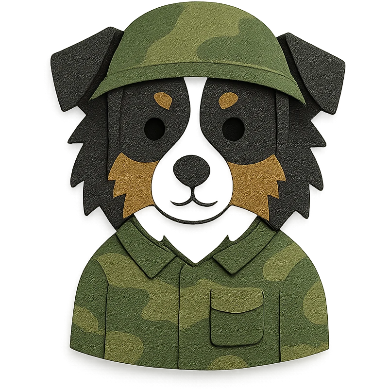 black-tri Mini American Shepherd in a camo green soldier uniform and green helmet emoji