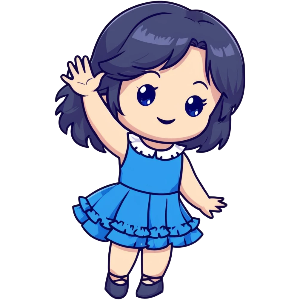 cute chibi girl with long dark hair, blue rose in hair, bright blue eyes, black frilly dress, smiling and waving emoji