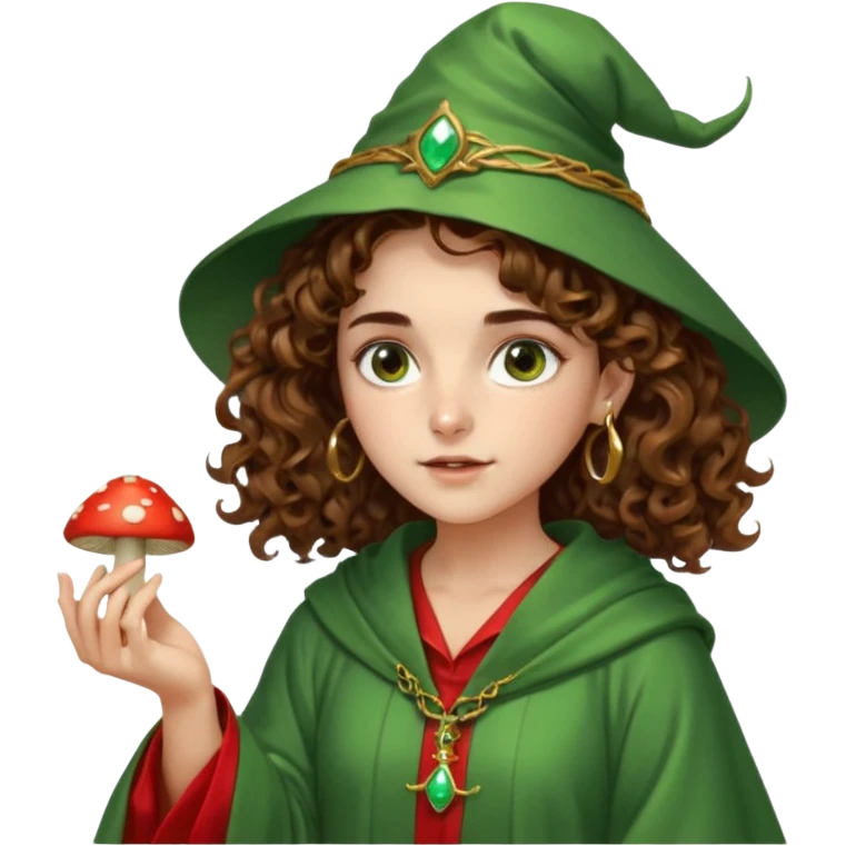 very beautiful italian girl, looking like Emma Watson, with curly and big volume very bright brown hair, and a golden piercing ring in nose on left side, dressed in a beautiful wizard robe of green colors, holding red fly mushroom emoji