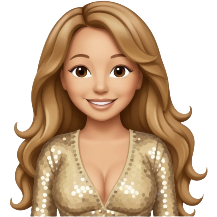 Mariah Carey with long light brown hair, cream sequin outfit emoji