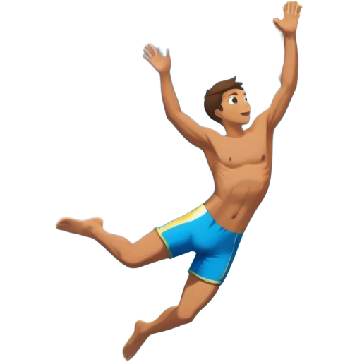 A diver mid-air, plunging from a high cliff into the sparkling ocean below. The background features rugged cliffs, clear blue water, and a bright sky, emphasizing the excitement and danger of the sport with a sense of freedom and adventure. emoji
