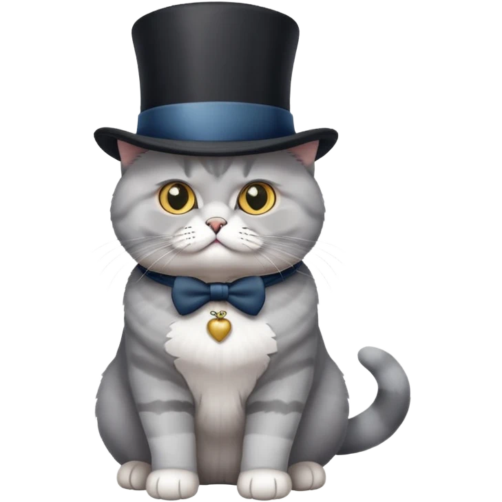 British Shorthair cat full body sitting with a top hat emoji