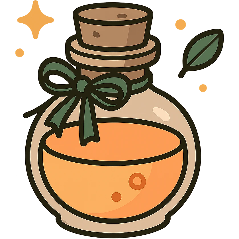 "A cute potion bottle with a whimsical and cozy design, featuring soft and warm colors: golden orange (FA9B41), deep forest green (4A7C5C), muted taupe brown (96775A), and pastel peach (FFCC9A). The bottle is small, round, and slightly vintage in style, with a cork stopper and a delicate ribbon tied around its neck. The potion inside glows faintly with a peachy-orange hue. Surroundings include soft lighting and a magical atmosphere, possibly with sparkles or tiny floating leaves, emphasizing a warm and enchanting mood. The style is charming, storybook-like, and detailed." emoji