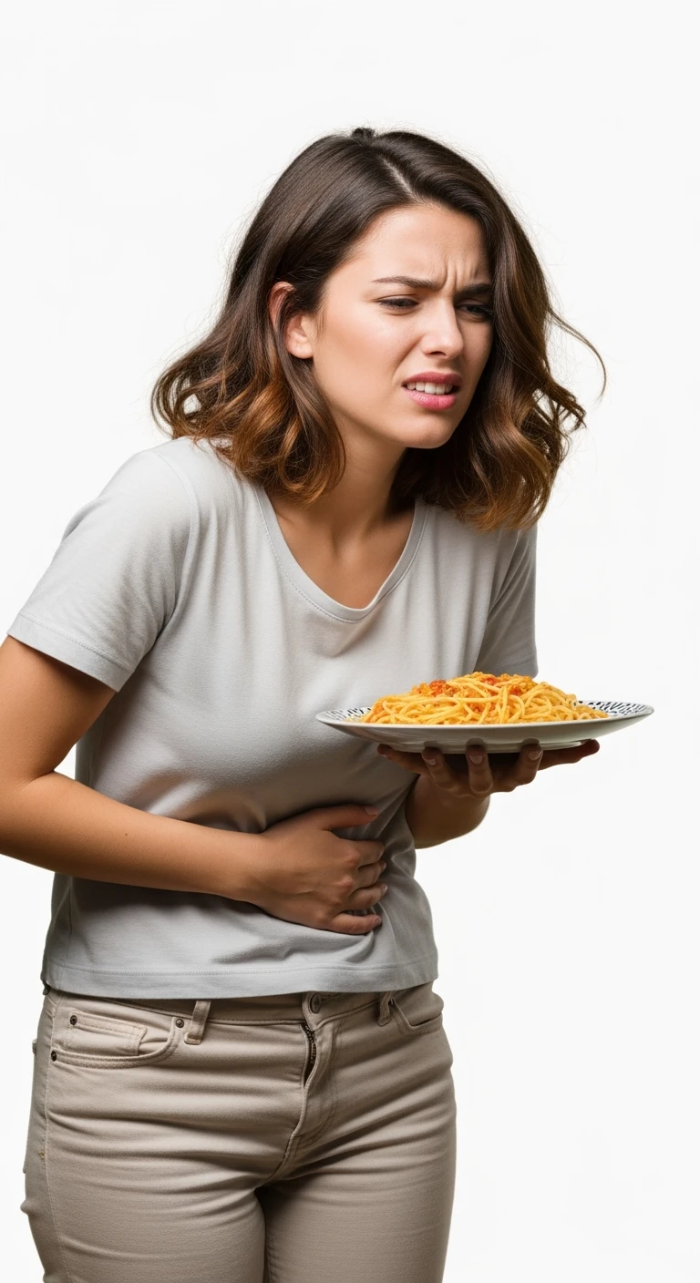 donna con gonfiore addominale e mal di pancia mentre tiene in mano un piatto di pasta, isolata su sfondo bianco emoji