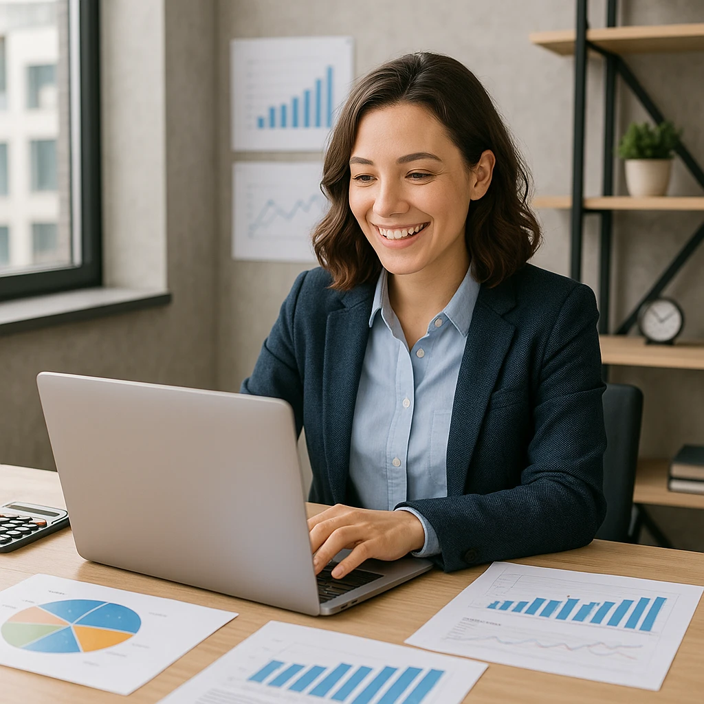 a working accountant, cheerful, using a laptop, surrounded by financial charts, business casual, modern office emoji