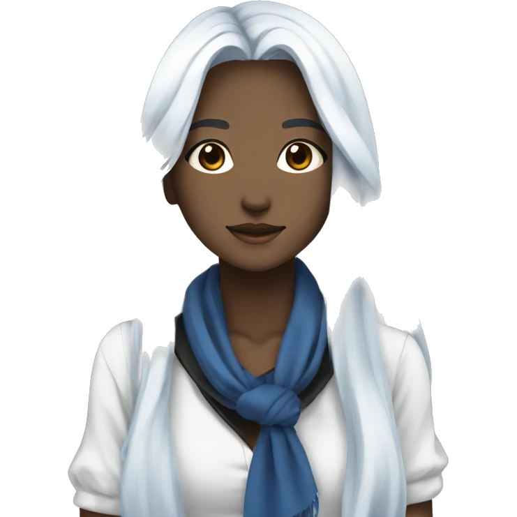 A beautiful anime girl with long, flowing silver hair is wearing a white shirt with a black collar and a blue scarf.  emoji