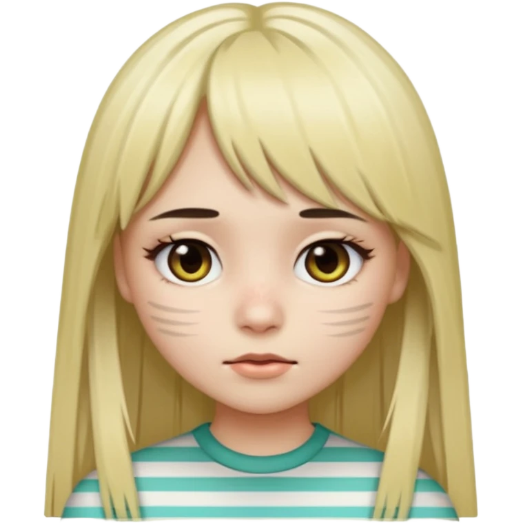 Girl with long straight dark brown hair and blonde striped streaks, with bangs. Light skin and dark eyes. Turn her into a cute zombie version — pale greenish skin, dark eyes, small wounds under eyes, keep her hair and mechas the same, emoji-style. emoji