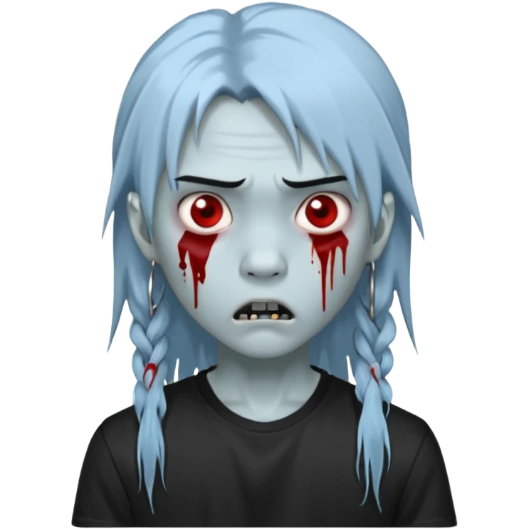  3D emoji-style avatar with very pale blue-grey zombie skin , a young Asian face, and large eyes with blood tears. Give it white litle bit messy long mullet hair style , silver hoop earrings, and a plain black T-shirt. The face expression should be slightly angry, with vampire fang emoji
