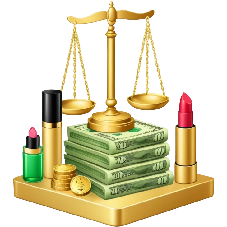 gold scale with a stack of green dollar bills and coins on one side and beauty products including lipstick, perfume, and makeup on the other emoji