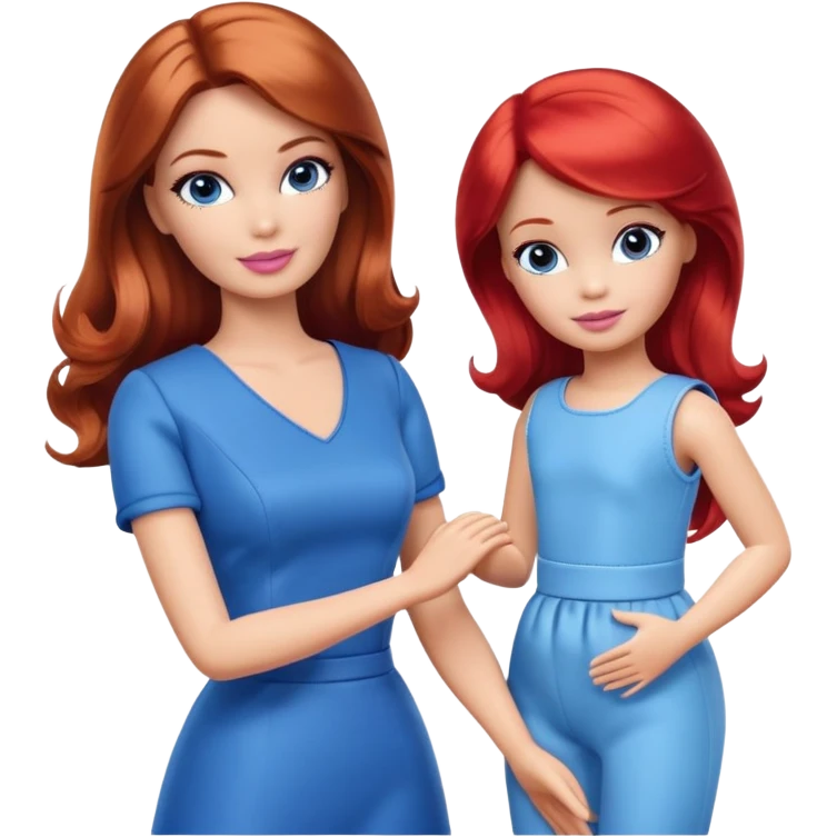 A barbie girl with makeup with brown hair with a baby, a daughter, a girl with red hair, holding her hand in blue clothes emoji
