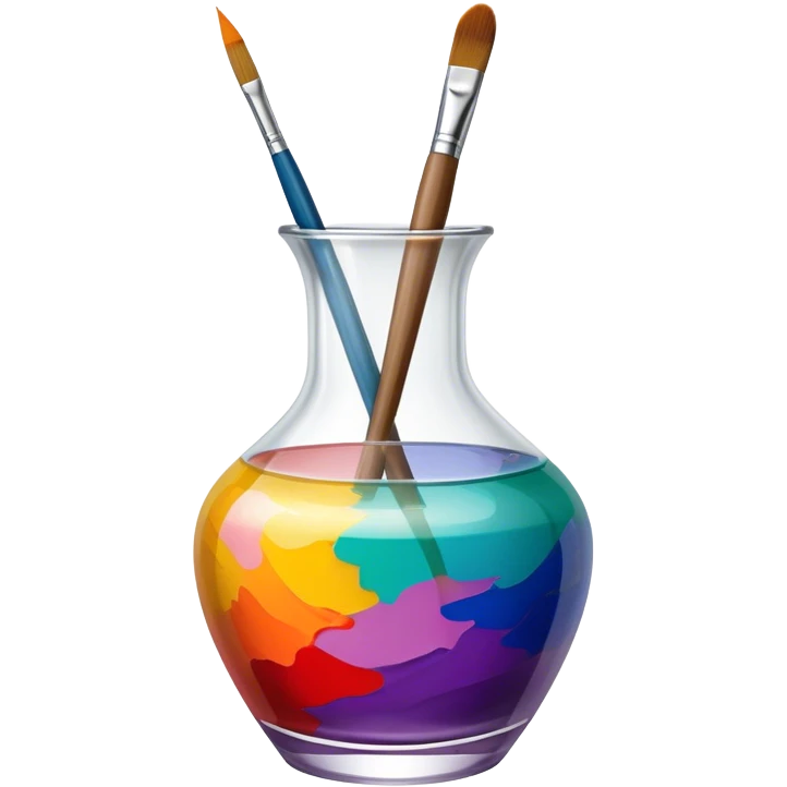 Glass painting icon, colorful brushstrokes on a glass vase, intricate painted patterns on the surface, visible fine paintbrush and palette beside it, no liquid inside the vase, minimalistic style, clean lines, transparent background. emoji
