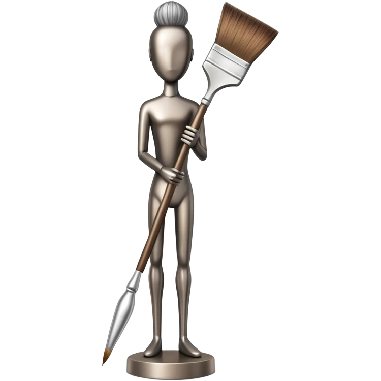 A paintbrush that transforms into a human metal silhouette sculpture, symbol of artistic identity, with a bronze or silver metallic finish emoji
