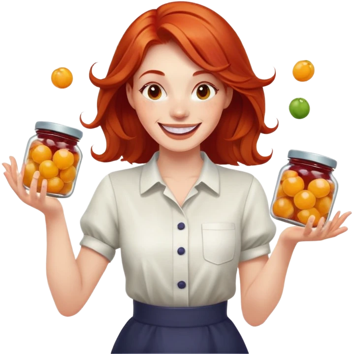 redhead woman juggling with 3 glass jars with jam emoji