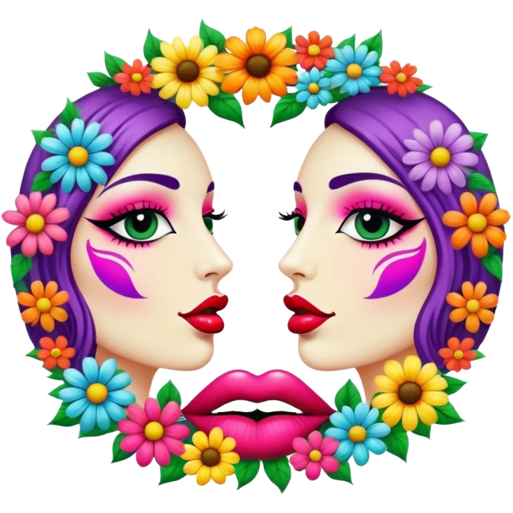 psychedelic colored lips surrounded by hippie style flowers emoji
