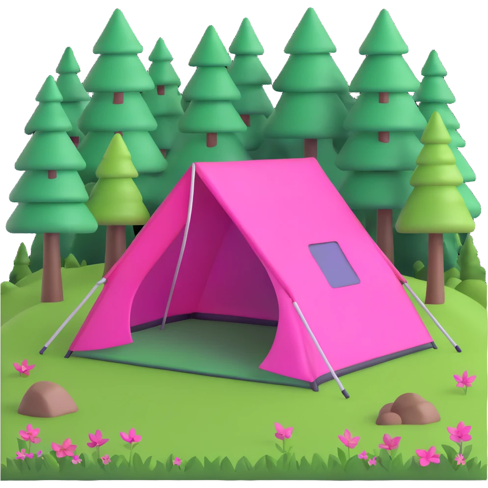 bright pink tent in a forest clearing with grass emoji