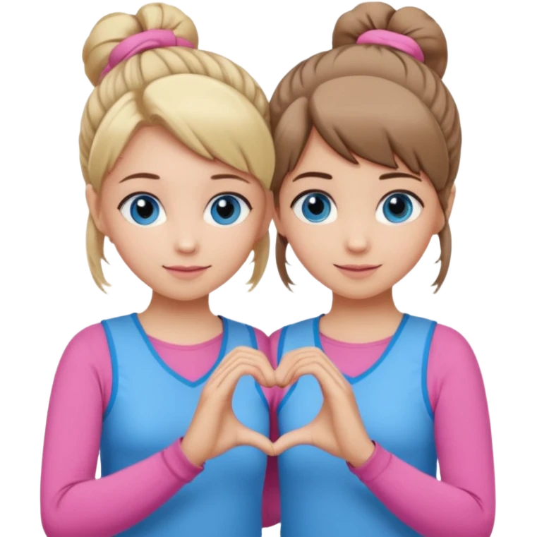 Two best friends making a heart shape with their hands together. One of them has blond hair which is shorter and the other has brown hair tied up. They are both wearing pink outfits. They both have blue eyes  emoji