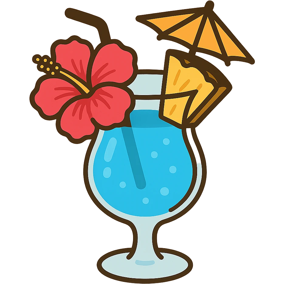 blue tropical cocktail with hibiscus, pineapple, and paper umbrella garnishes, flat toon style emoji