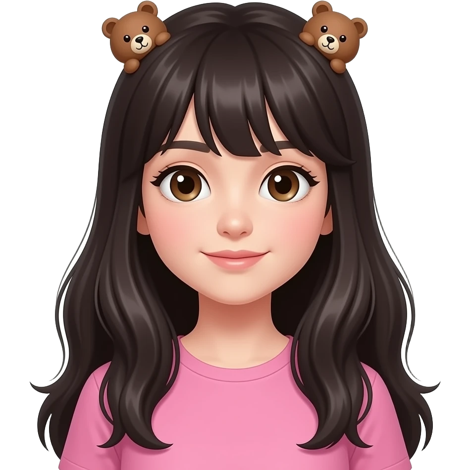 una chica pelinegra lacia el pelo extremadamente largocon piel blanca, camisa rosita, ojos marrones y unos ganchitos de osito emoji