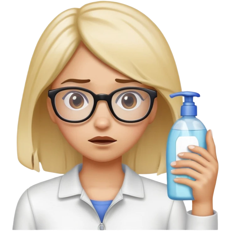 Girl with glasses looking disgusted, holding shampoo bottle away from her, not wanting to wash her hair emoji