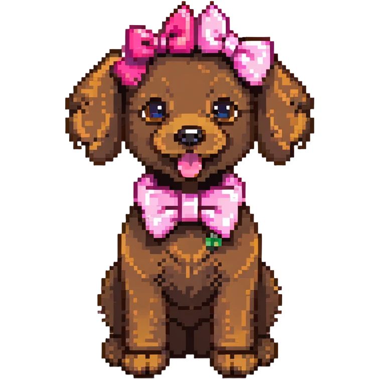 cute brown poodle with a pink bow on its head and tail, tongue sticking out, and a pink collar emoji
