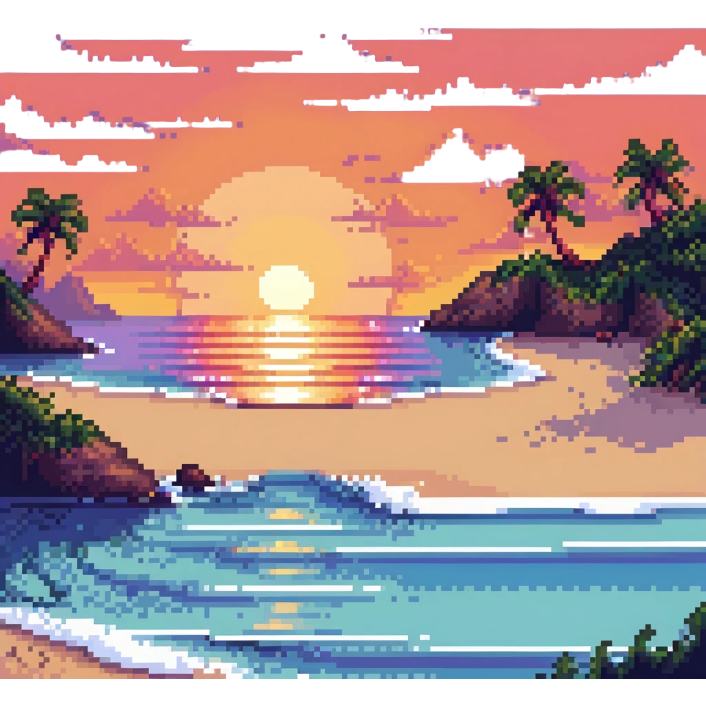 sunset over a beach coastline in pixel art style emoji