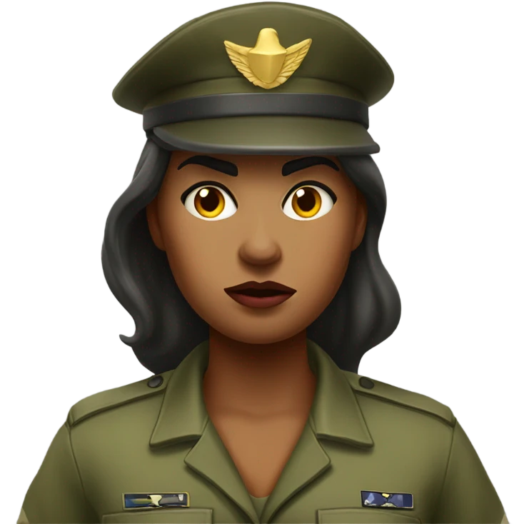 a female drill sergeant character wearing a classic sergeant hat and a camouflage army shirt. The character should have an angry intense expression. full torso emoji