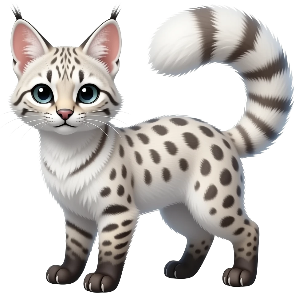 White realistic soft silky smooth vernid-Civet-Genet-Bobcat-Caracal-Serval-animal-hybrid-mix fantasy creature LiLaiRa Kamirah Falvie whiskers paws full body with colorful gradient iridescent patterns fur markings and with a long thin tufted tail feline emoji