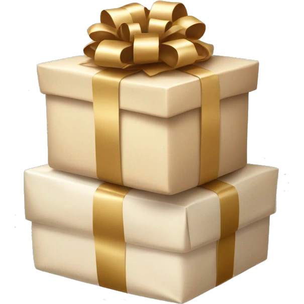 Four presents stacked in a pile all wrapped in beige white and brown wrapping with gold bows  emoji