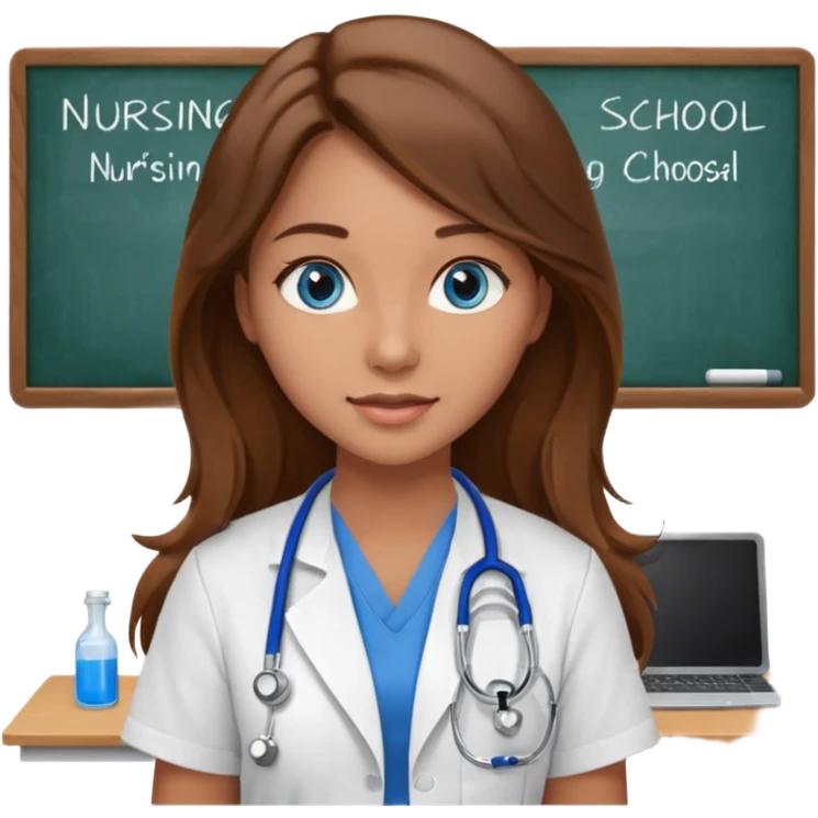 inside a classroom at university that says nursing school on the board with a pretty female nursing student with long brown hair, blue eyes emoji
